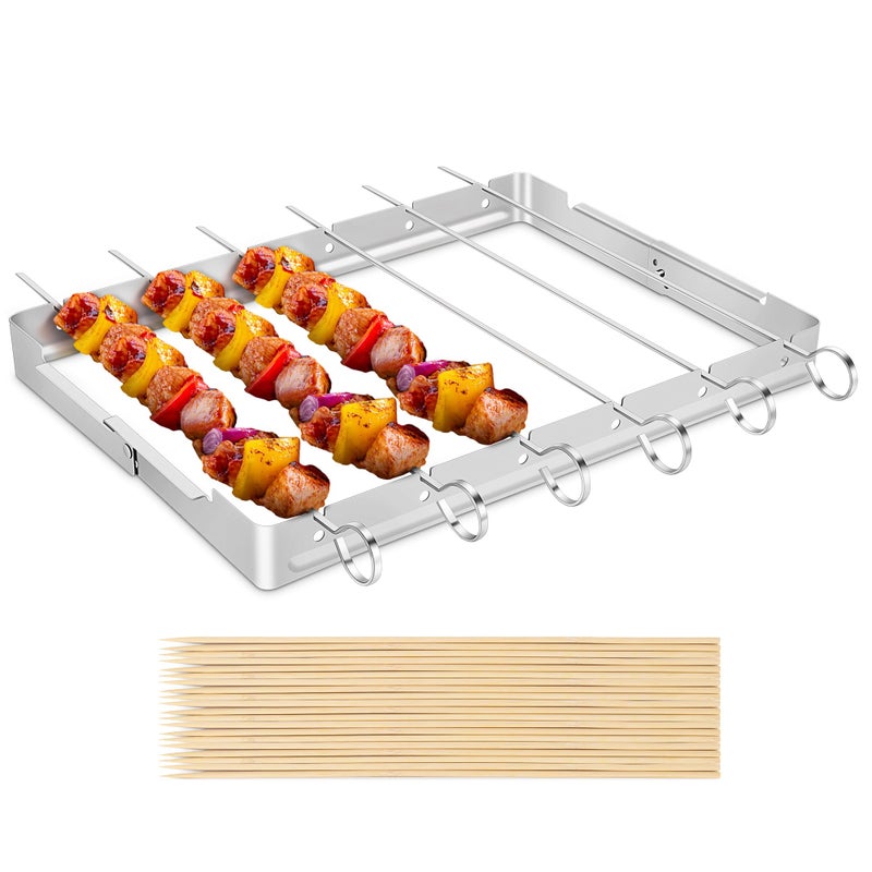 Unicook Stainless Steel BBQ Shish Kabob Set, Foldable Shish Kabob Holder with 6pcs 13"L Skewers, Reusable Grill Rack, Comes with 30pcs 12.5"L Bamboo Skewers for Party and Cookout - Image 1